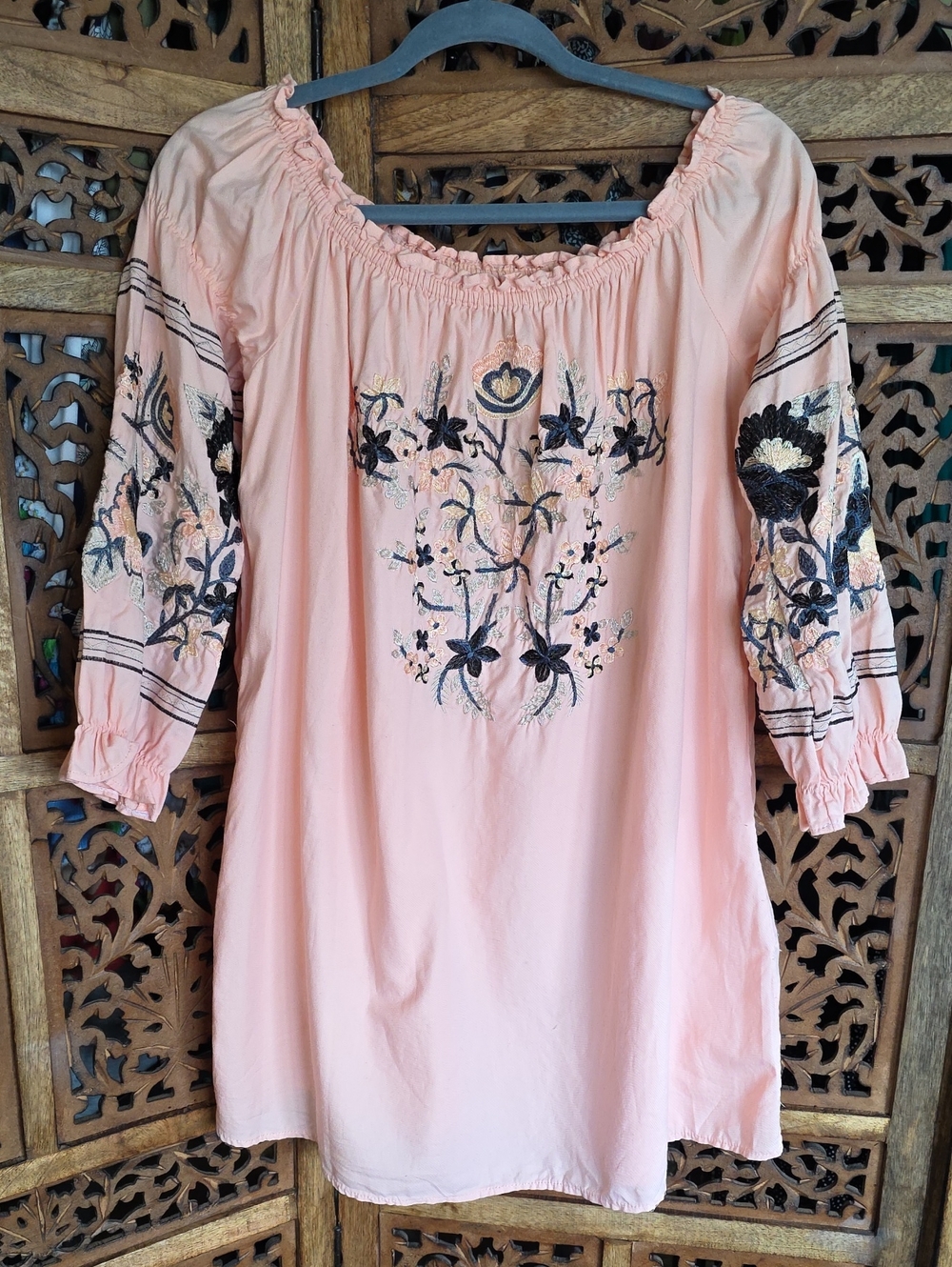 Embroidered Peasant Blouse - Peach